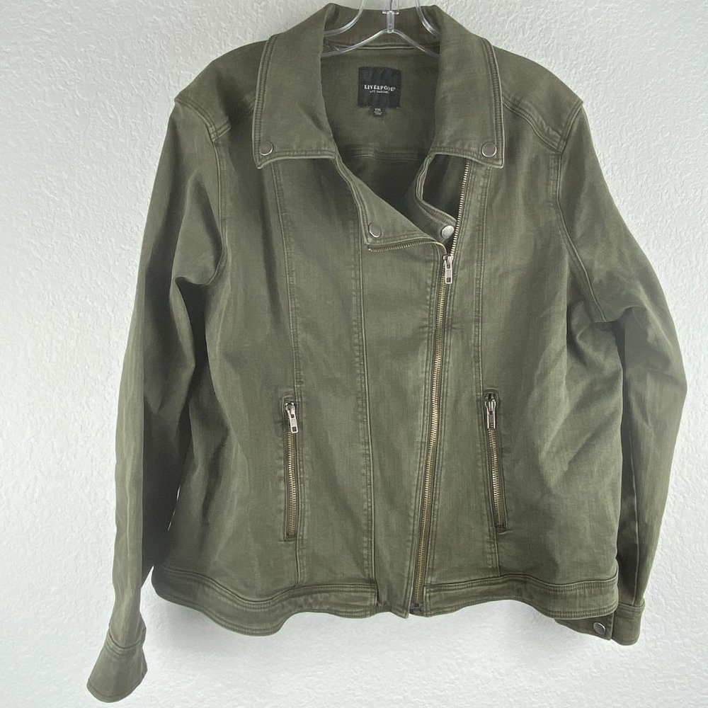 Liverpool Jeans Company Olive Green Moto-Style Jean Jacket - Picture 12 of 12